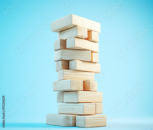 Wallpaper Mural Wooden blocks tower balancing on blue background representing succession Torontodigital.ca
