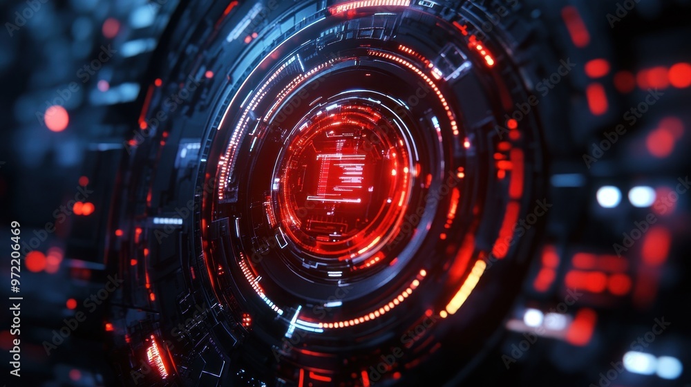 Obraz premium A futuristic, circular digital interface with glowing red and blue elements.