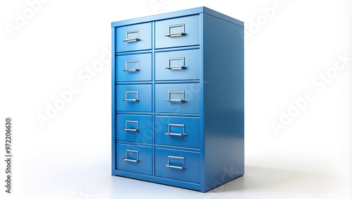 blue metal filing cabinet with ten drawers isolated