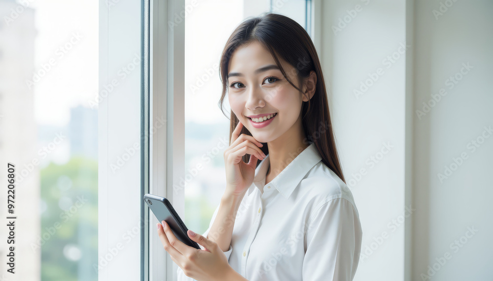 A young professional woman smiles while using her smartphone near a window, enjoying a moment of reflection and connection. A young professional woman smiles while using her smartphone near a window, enjoying a moment of reflection and connection.