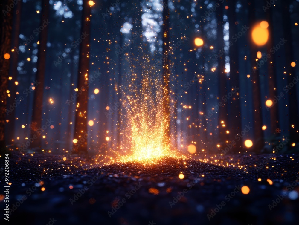 Particles of glowing dust flow into the air in a mystical forest Particles of glowing dust flow into the air in a mystical forest