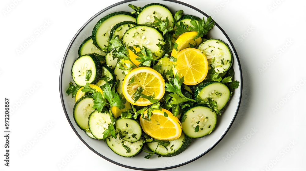 Fresh zucchini and lemon salad with parsley on white plate Fresh zucchini and lemon salad with parsley on white plate