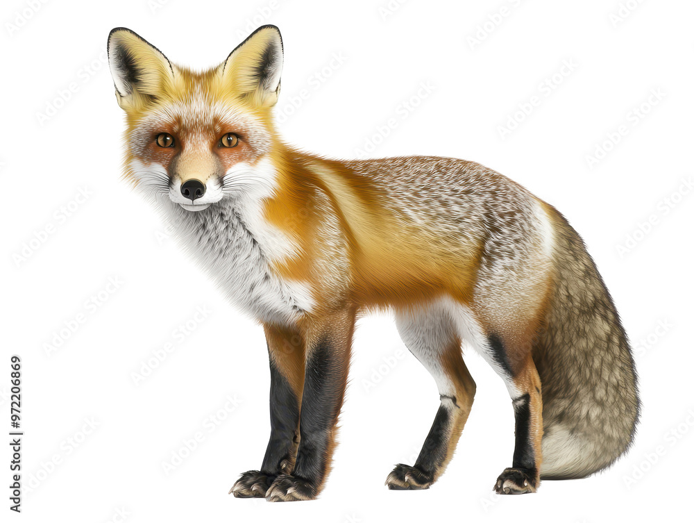 Fototapeta premium Red fox looking forward, isolated on transparent background