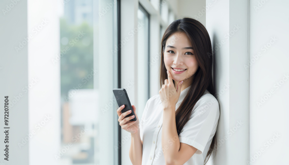 A young woman in a white shirt smiles while holding a smartphone, standing by a large window in a modern indoor setting.