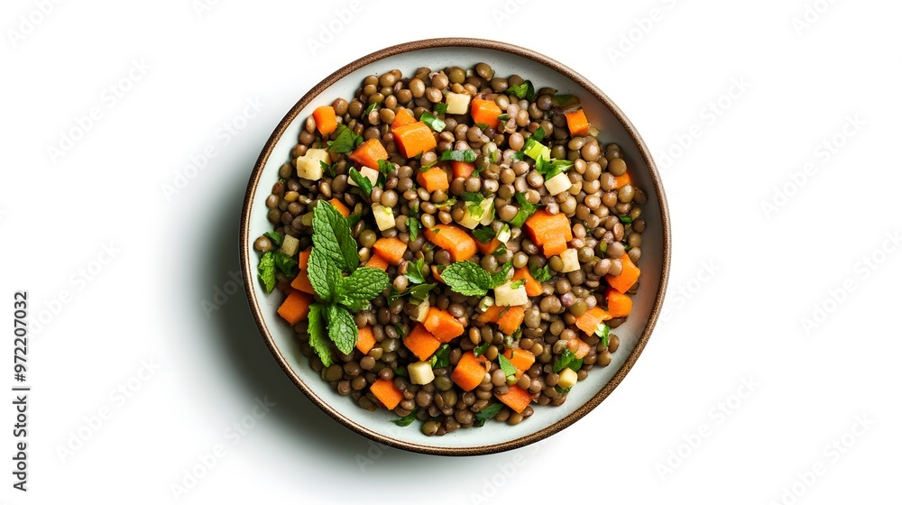 Healthy lentil salad with carrots and fresh mint on a white background Healthy lentil salad with carrots and fresh mint on a white background