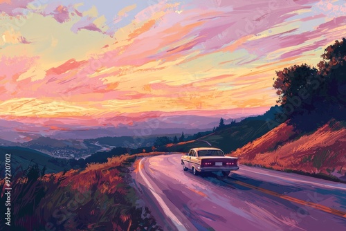 A Cozy Road Trip Setting With A Classic Car Parked At A Beautiful Lookout Point, With Expansive Views Of Valleys And A Calming, Generative AI