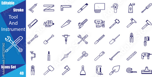 Tool & Instrument thin line icons set. Building Tools editable stroke icon.