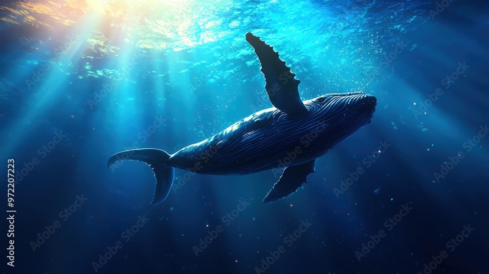 Fototapeta premium Majestic underwater scene featuring a whale swimming gracefully through sunlit ocean depths.