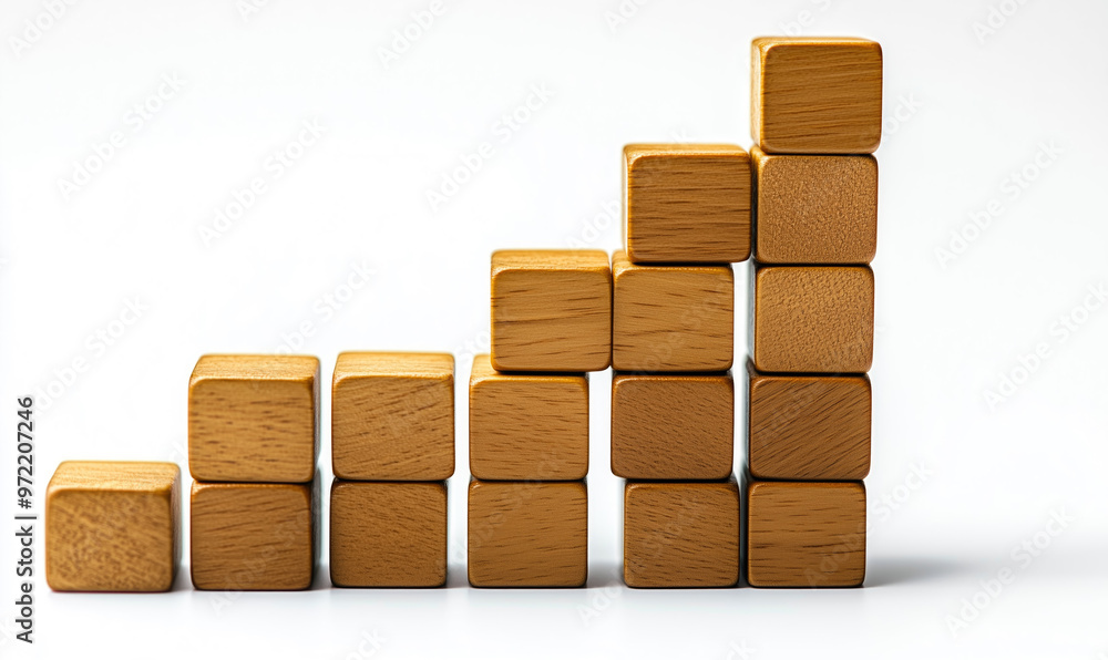 Wooden blocks forming ascending graph on white background
