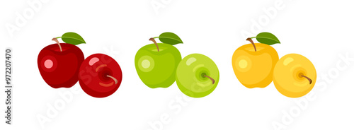 Apples of green, yellow and red colors. Vector cartoon flat illustration. Fresh fruits icon set. 