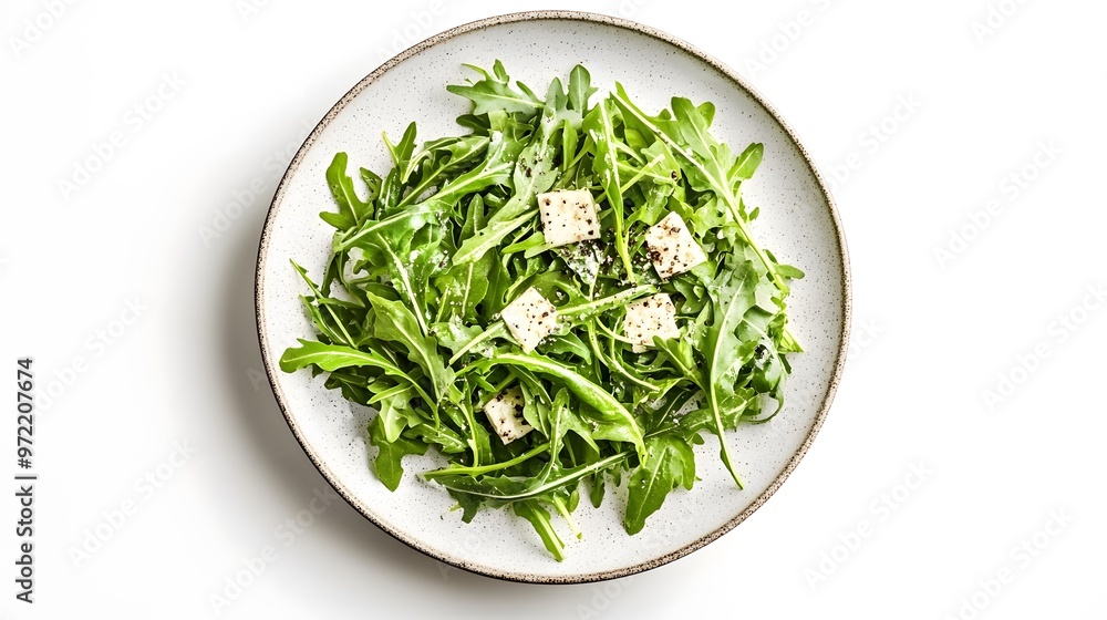 Fresh arugula salad with feta cheese on minimalist white plate Fresh arugula salad with feta cheese on minimalist white plate