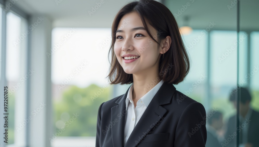 Professional woman smiling in a modern office setting, showcasing confidence and approachability in a business environment. Professional woman smiling in a modern office setting, showcasing confidence and approachability in a business environment.