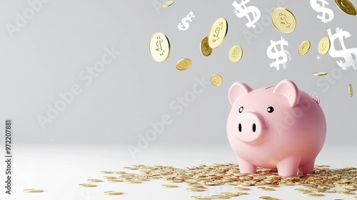 Pink piggy bank with flying dollars isolated grey background