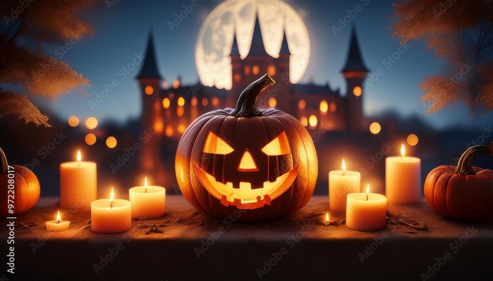 jack pumpkin side view on table with glowing eyes , halloween concept jack pumpkin side view on table with glowing eyes , halloween concept