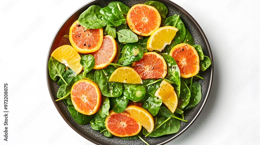 Fresh citrus and spinach salad with vibrant orange and lemon slices on rustic plate Fresh citrus and spinach salad with vibrant orange and lemon slices on rustic plate