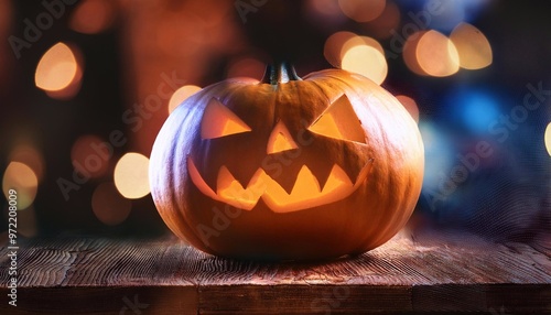 jack pumpkin side view on table with glowing eyes , halloween concept