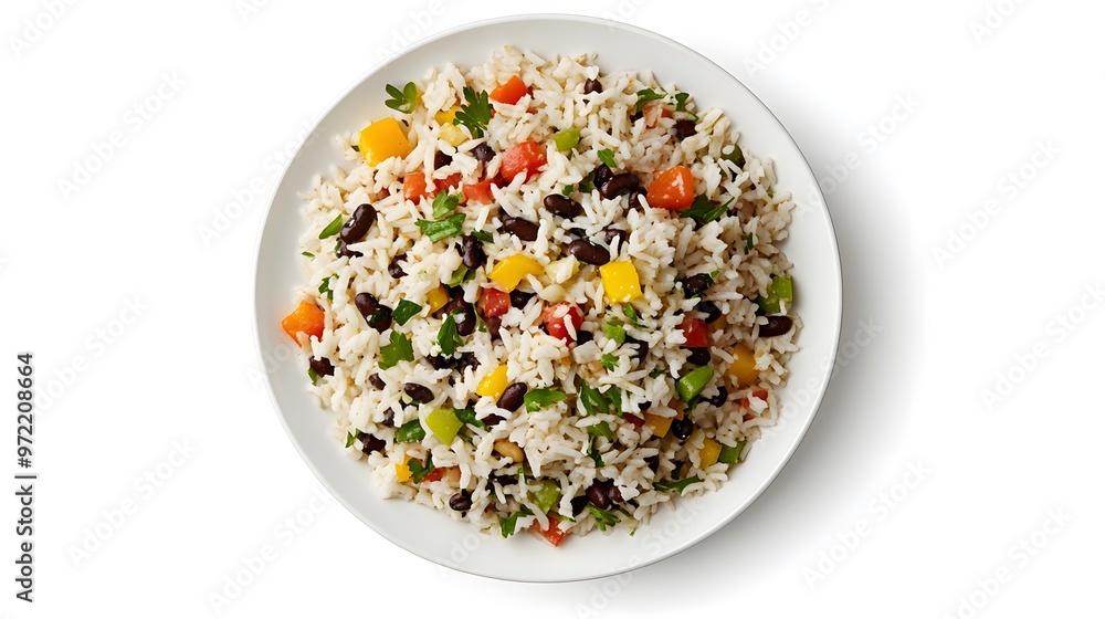 Colorful rice and bean salad with fresh vegetables and parsley garnish Colorful rice and bean salad with fresh vegetables and parsley garnish