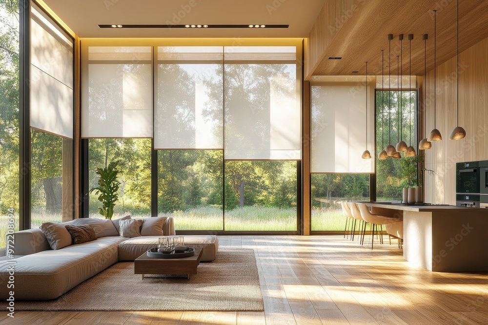 Modern living room with large windows and white blinds. This photo is perfect for showcasing interior design, home decor, and modern architecture. Modern living room with large windows and white blinds. This photo is perfect for showcasing interior design, home decor, and modern architecture.