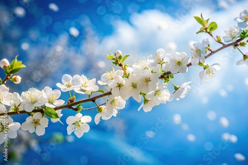 Blue sky with blooming white flowers on branch against snowy background long shot