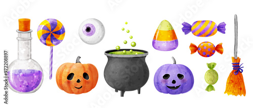 Cute vector watercolor illustration of cauldron, potion, corn, eye, pumpkin, lollipop, broom , candy. Set of witch elements for Halloween design.