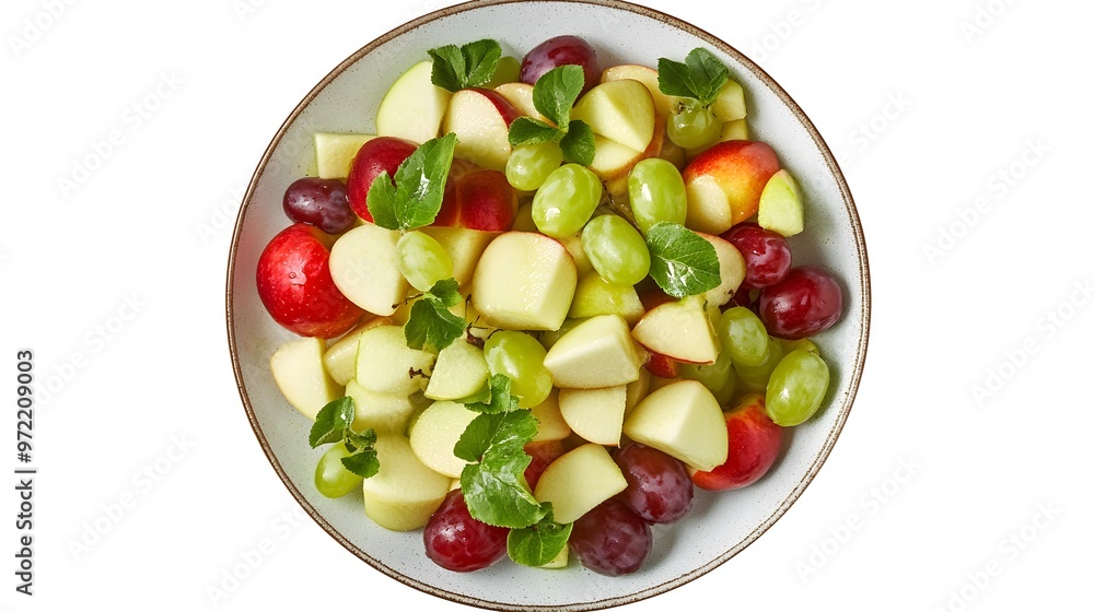 Fresh fruit salad with apples, grapes, and mint leaves on white background Fresh fruit salad with apples, grapes, and mint leaves on white background