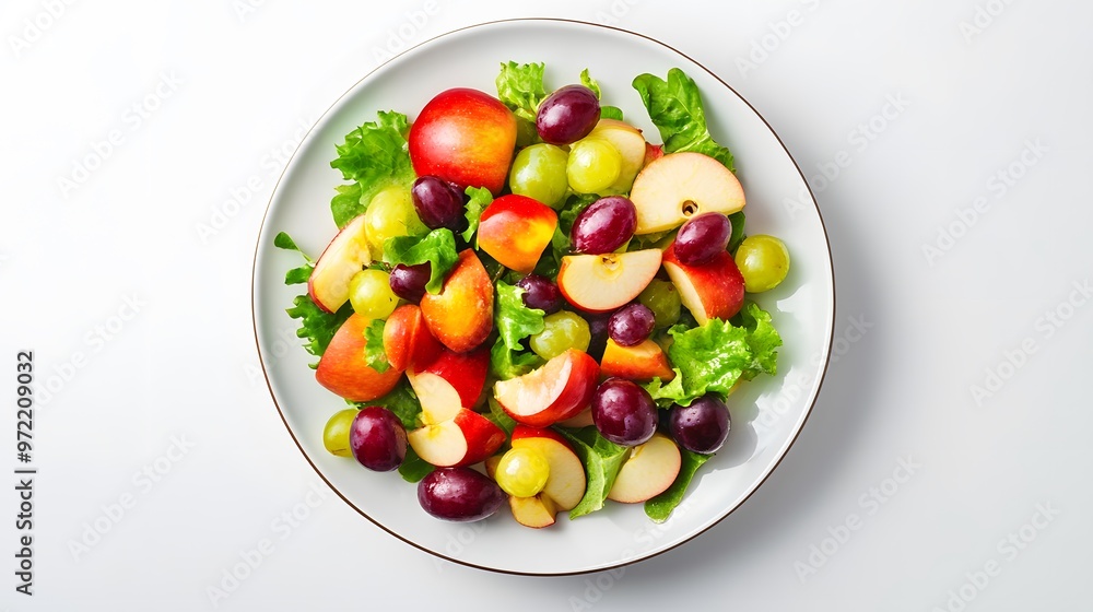Fresh fruit salad with apples, grapes, and greens in a white bowl on a light background Fresh fruit salad with apples, grapes, and greens in a white bowl on a light background
