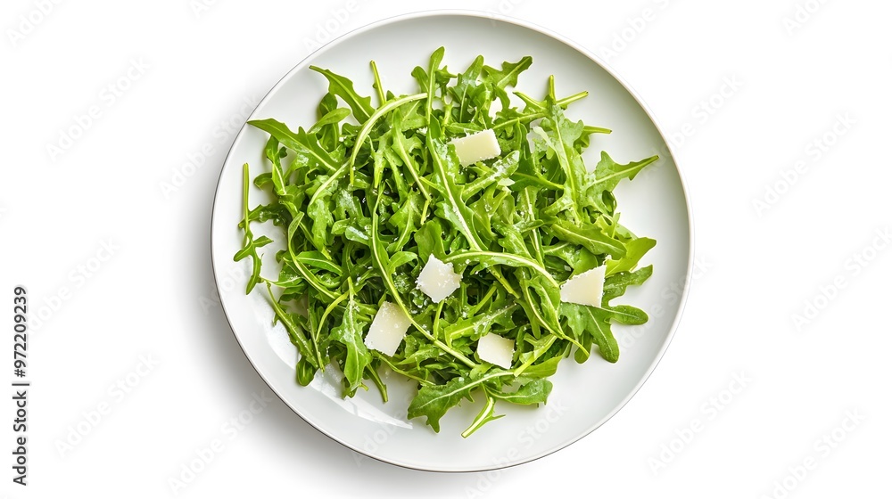 Fresh arugula salad with parmesan on white plate Fresh arugula salad with parmesan on white plate