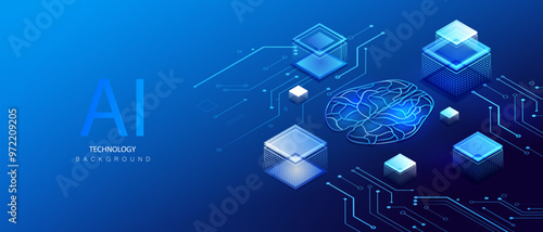Data center server industry on circuit board. Work innovation at AI server. Digital ai brain center neural network. Isometric intelligence vector illustration.
