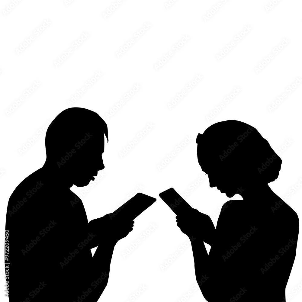 Couple using mobile cell phones together. Surfing on Internet, communicating online, Gadget addiction concept.eps Couple using mobile cell phones together. Surfing on Internet, communicating online, Gadget addiction concept.eps