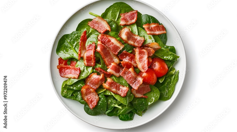 Crispy bacon and fresh spinach salad with cherry tomatoes on a white plate Crispy bacon and fresh spinach salad with cherry tomatoes on a white plate
