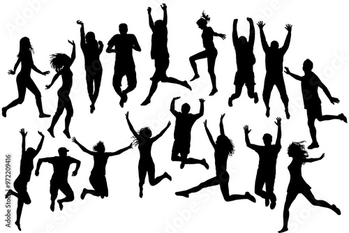 Black silhouettes of women and men jumping.eps