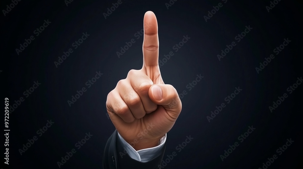 hand in a suit with index finger pointing upwards, on black background, copy space hand in a suit with index finger pointing upwards, on black background, copy space