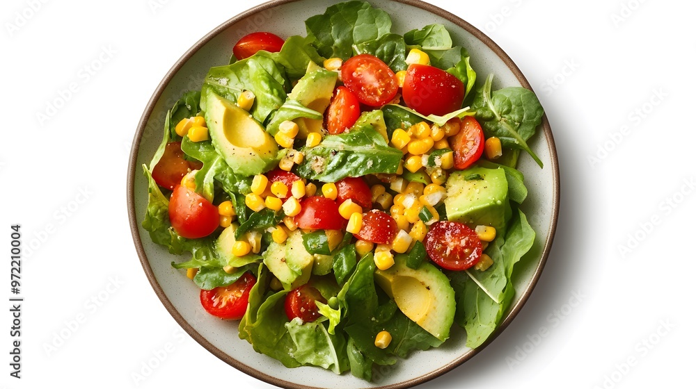 Fresh summer salad with avocado, cherry tomatoes, and corn on a bed of mixed greens Fresh summer salad with avocado, cherry tomatoes, and corn on a bed of mixed greens