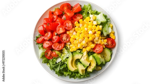 Fresh summer salad with avocado, cherry tomatoes, corn, and lettuce