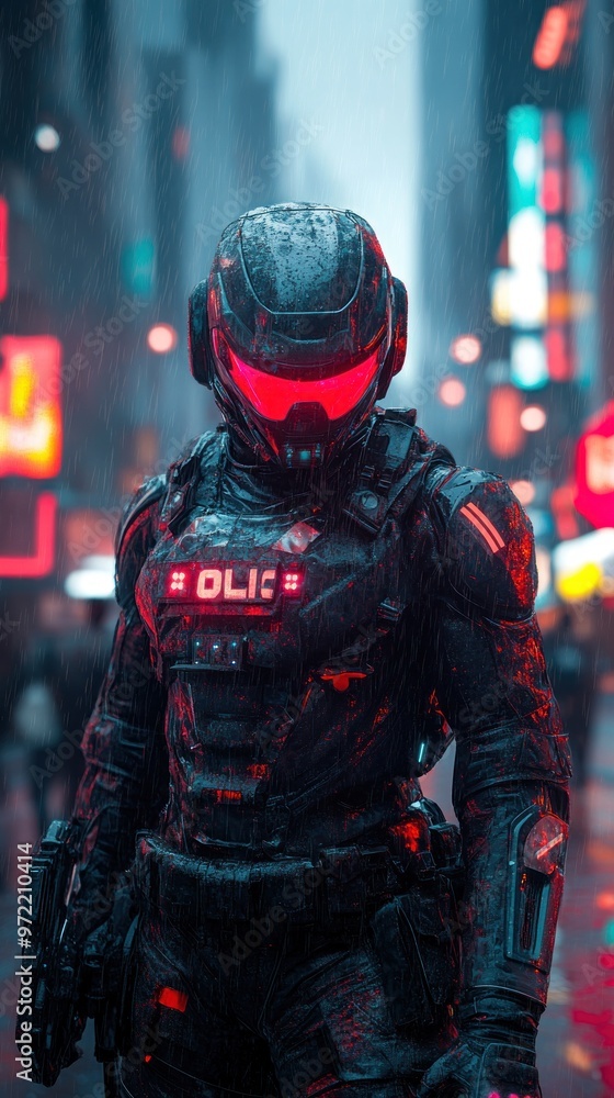 Futuristic soldier in a neon-lit urban environment. Futuristic soldier in a neon-lit urban environment.