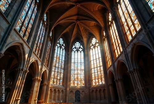 Majestic Cathedral Interior with Vibrant Stained Glass Windows Illuminating the Space