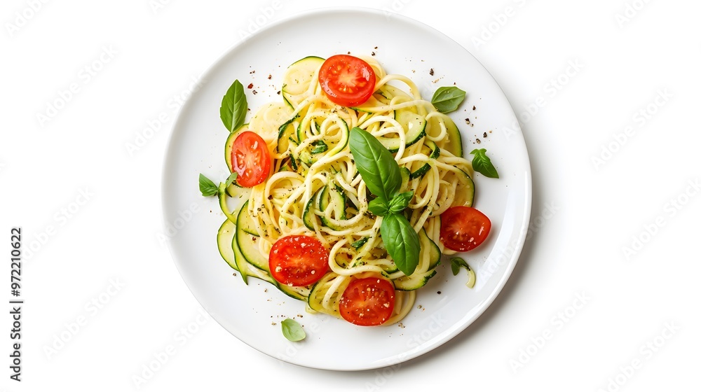 Fresh zucchini noodle salad with tomatoes and basil garnish on white background Fresh zucchini noodle salad with tomatoes and basil garnish on white background