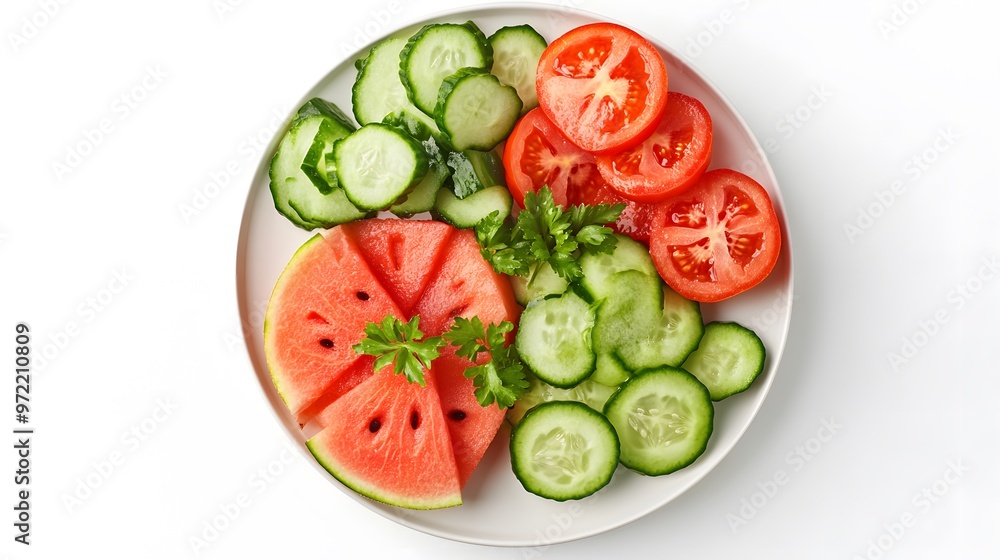 Fresh and vibrant salad with watermelon, cucumber, and tomato slices on white plate Fresh and vibrant salad with watermelon, cucumber, and tomato slices on white plate