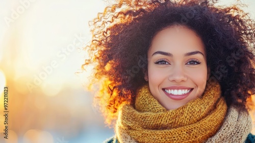 Radiant Smile - Happy woman in scarf with soft light, copy space on clear background, Generative Ai