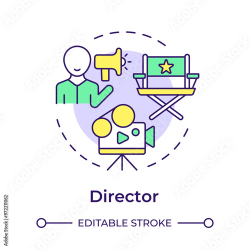 Film director multi color concept icon. Filming producer, cinema production. Equipment, entertainment. Round shape line illustration. Abstract idea. Graphic design. Easy to use in infographic