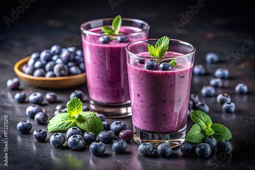 Blueberry smoothies and fresh blueberries on dark background