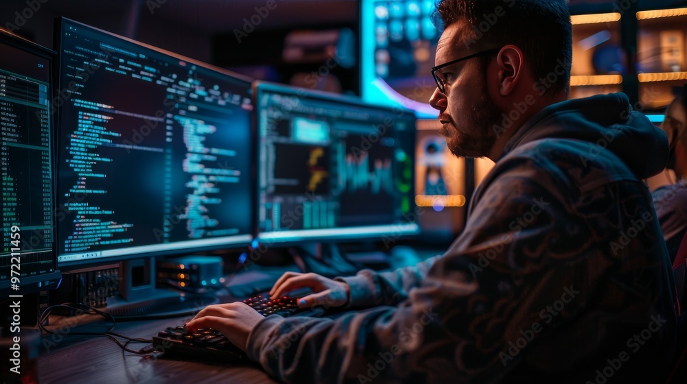 Dynamic system administrator engaged with complex code and network data in a high tech environment Dynamic system administrator engaged with complex code and network data in a high tech environment