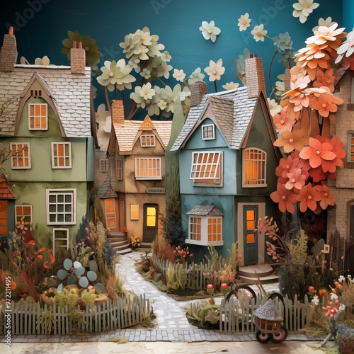 A charming village with quaint houses and paper cut details on windows and doors.