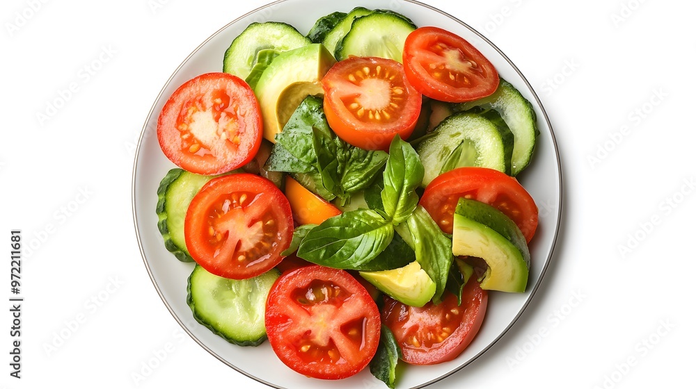 Fresh vegetable salad with tomatoes, cucumber, avocado, and basil on a white plate Fresh vegetable salad with tomatoes, cucumber, avocado, and basil on a white plate