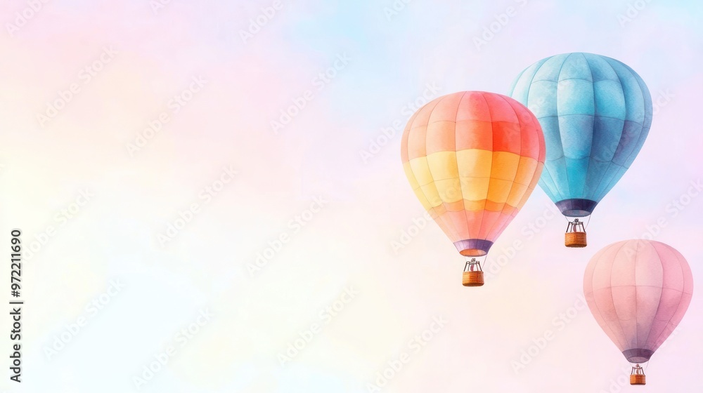 Obraz premium Candy-colored hot air balloons drifting in the sky, soft gradients, fun adventure, Watercolor style