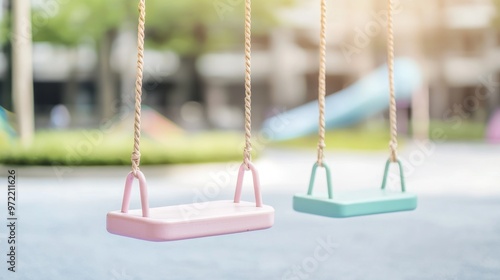 Candy-colored playground with soft pastel swings and slides, vibrant childhood memories, fun and playful outdoor scene.