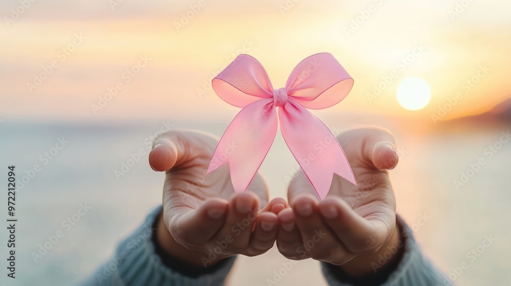 Empowering Breast Cancer Awareness - Woman Holding Pink Ribbon at Sunrise with Copy Space, Generative Ai Empowering Breast Cancer Awareness - Woman Holding Pink Ribbon at Sunrise with Copy Space, Generative Ai