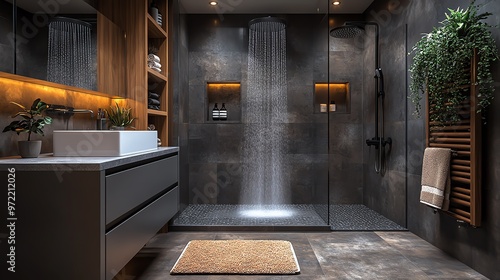 Modern bathroom with a large walk-in shower, wooden accents, and a minimalist design.