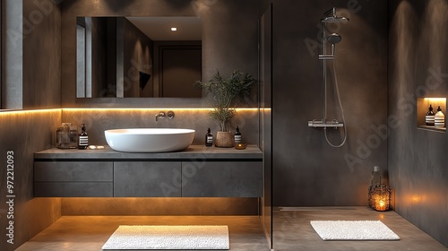 Modern bathroom with a sleek vanity, a glass-enclosed shower, and warm lighting.