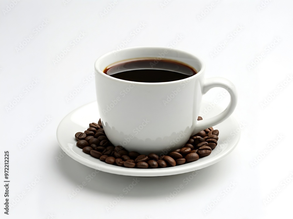 A white cup filled with black coffee sits on a white saucer, surrounded by coffee beans. A white cup filled with black coffee sits on a white saucer, surrounded by coffee beans.